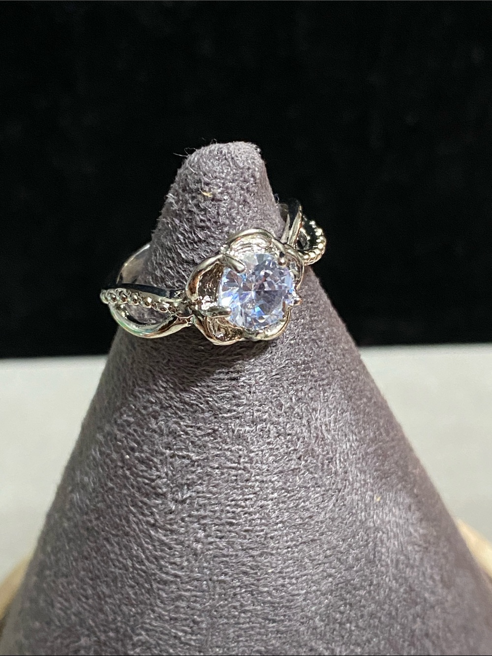 Silver Floral Halo Ring with Clear Center Stone